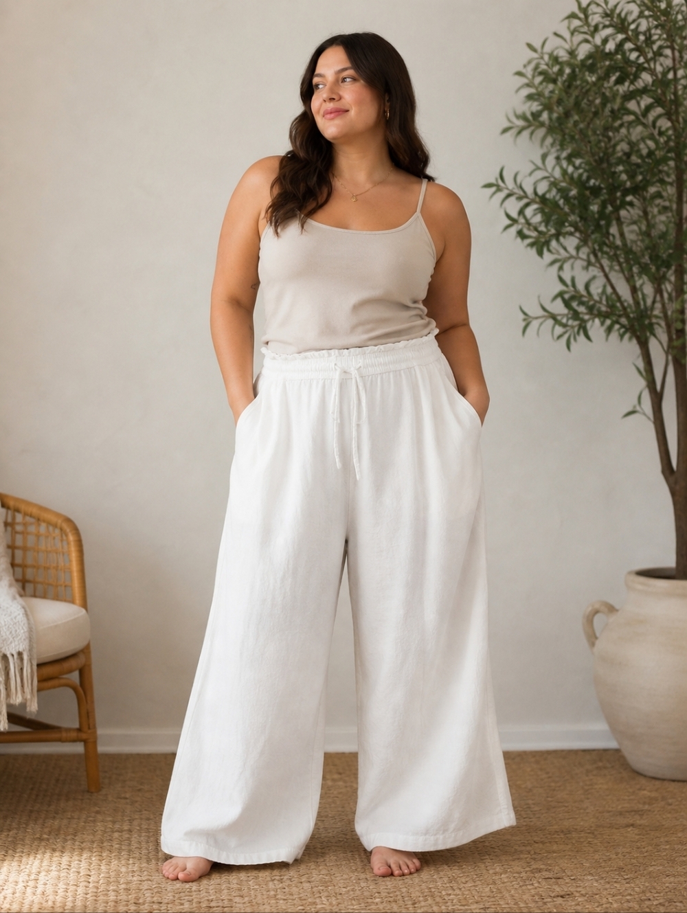 Women's White Linen Cotton Wide-Leg Pants Elastic Waist Drawstring XL